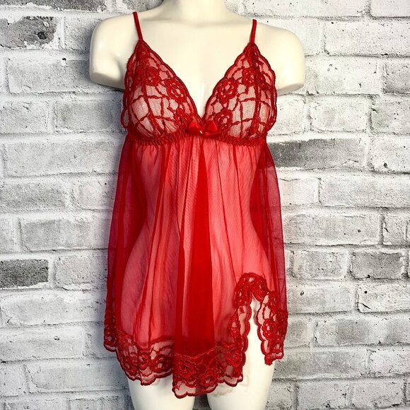 Fredricks of Hollywood Red Sheer Mesh Lace Babydoll Camisole Slip Lingerie - Picture 1 of 16
